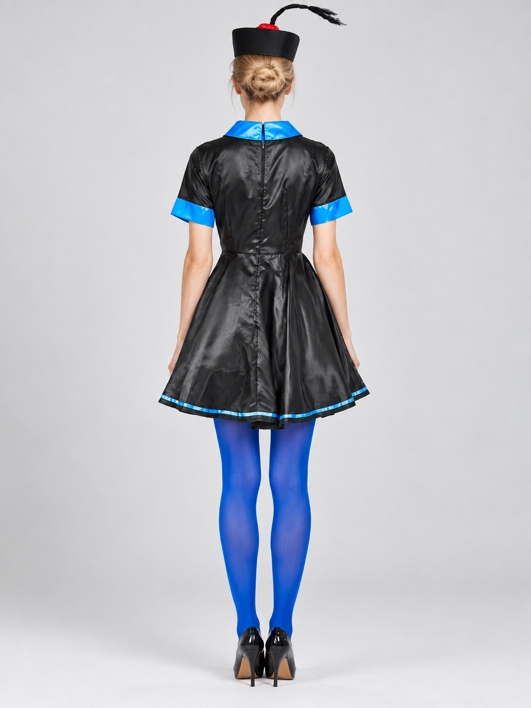 Black and Blue Carnival Costume with Dress and Hat back view