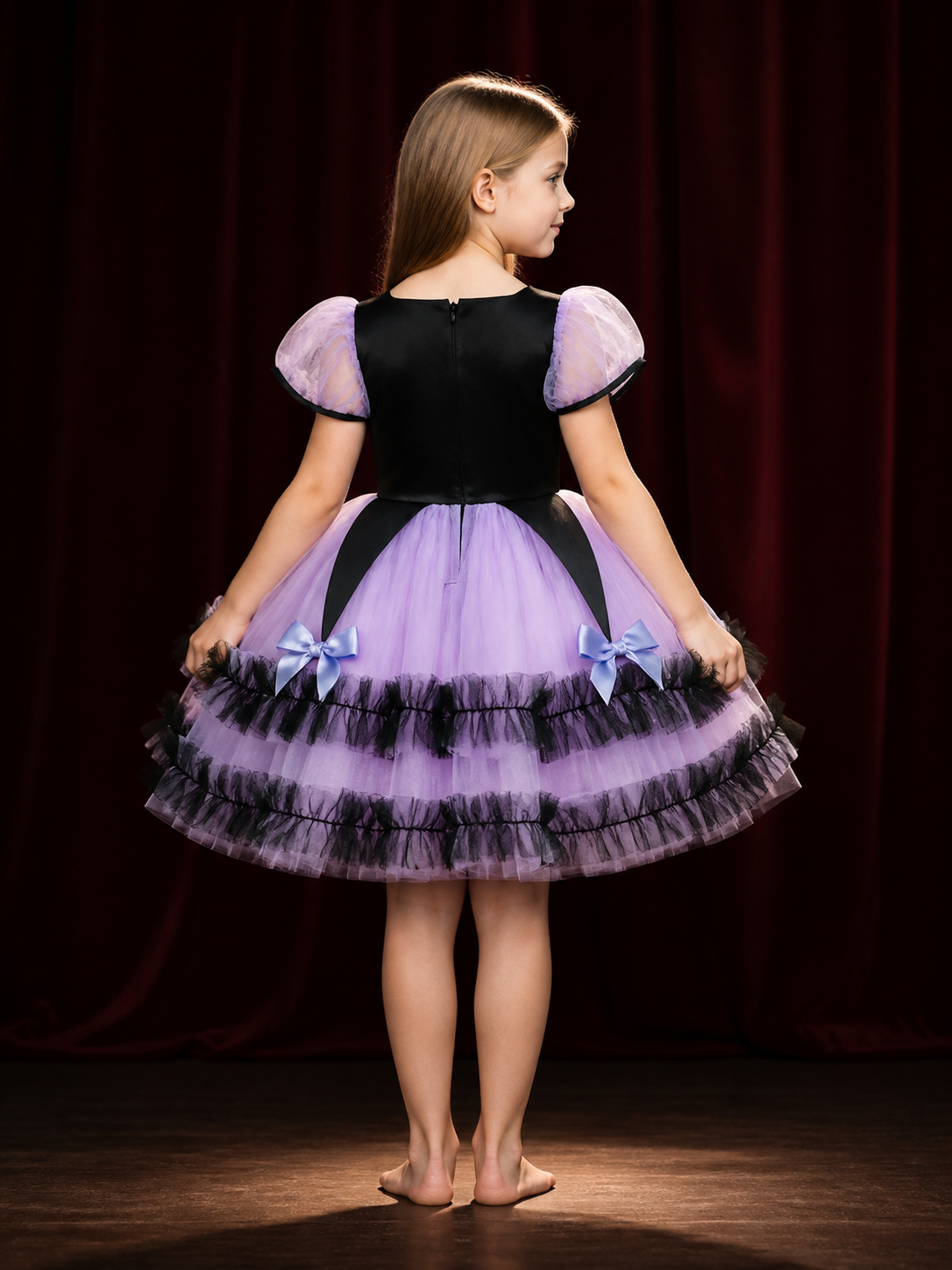 Girls' Purple and Black Witch Princess Costume Dress with Puff Sleeves and Tulle back view