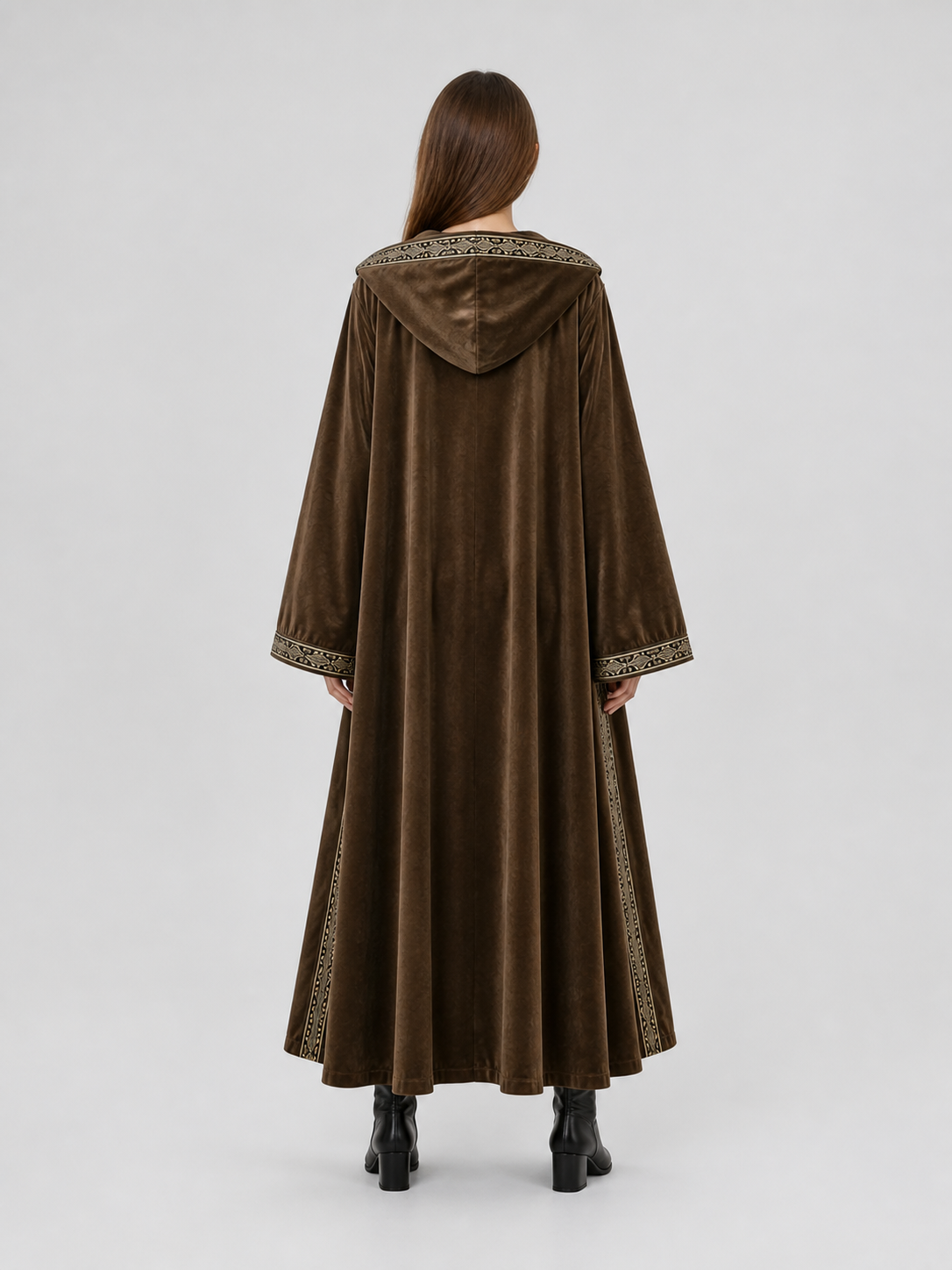 Long Hooded Robe, Brown, Loose Fit back view 9