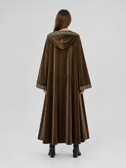 Long Hooded Robe, Brown, Loose Fit back view 9