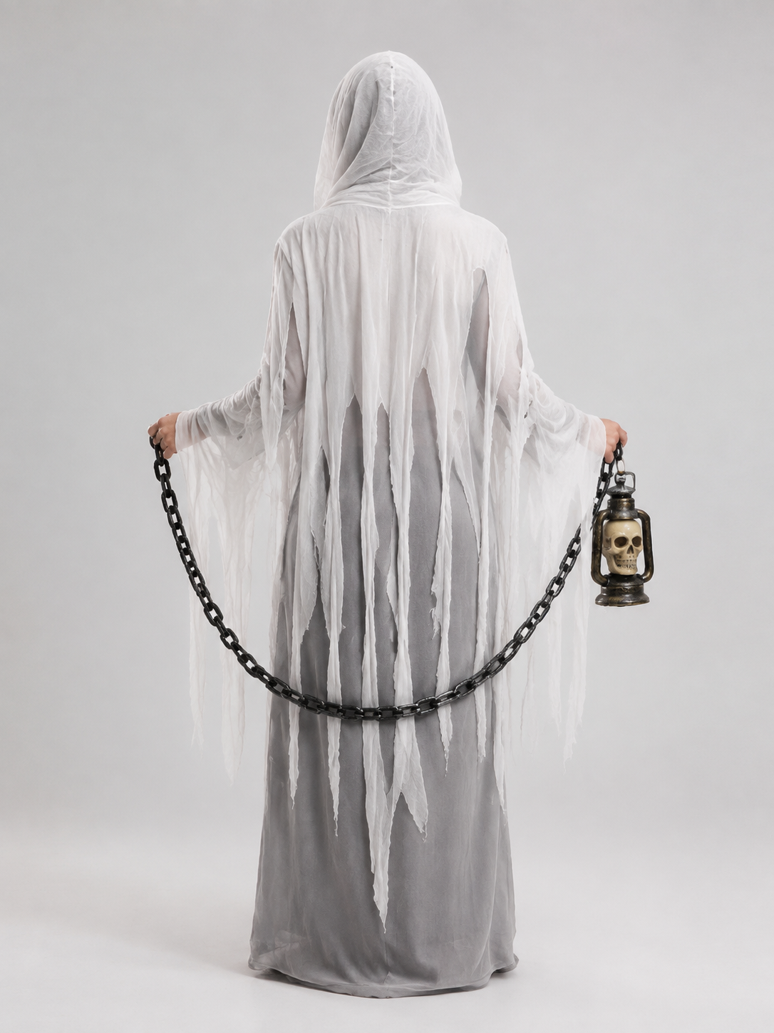 Hooded Ghost Costume with Chain and Lantern back view