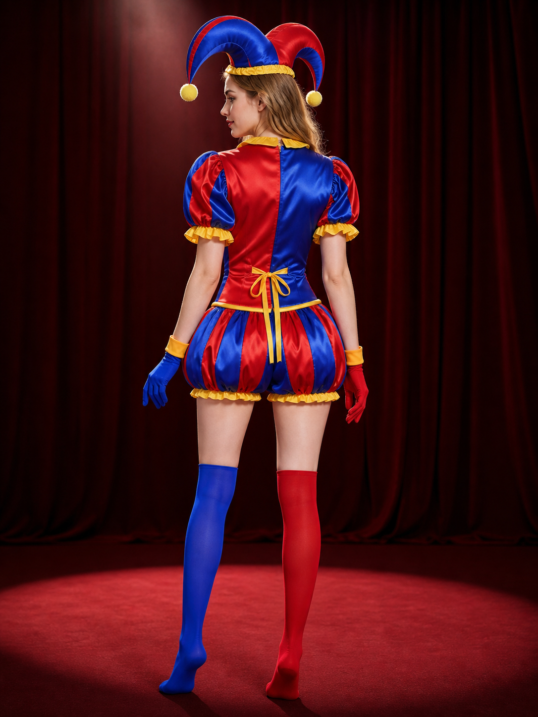 Pomni Clown Jumpsuit Costume, Puffy Sleeve with Hat, Gloves & Booties, Red Blue back view