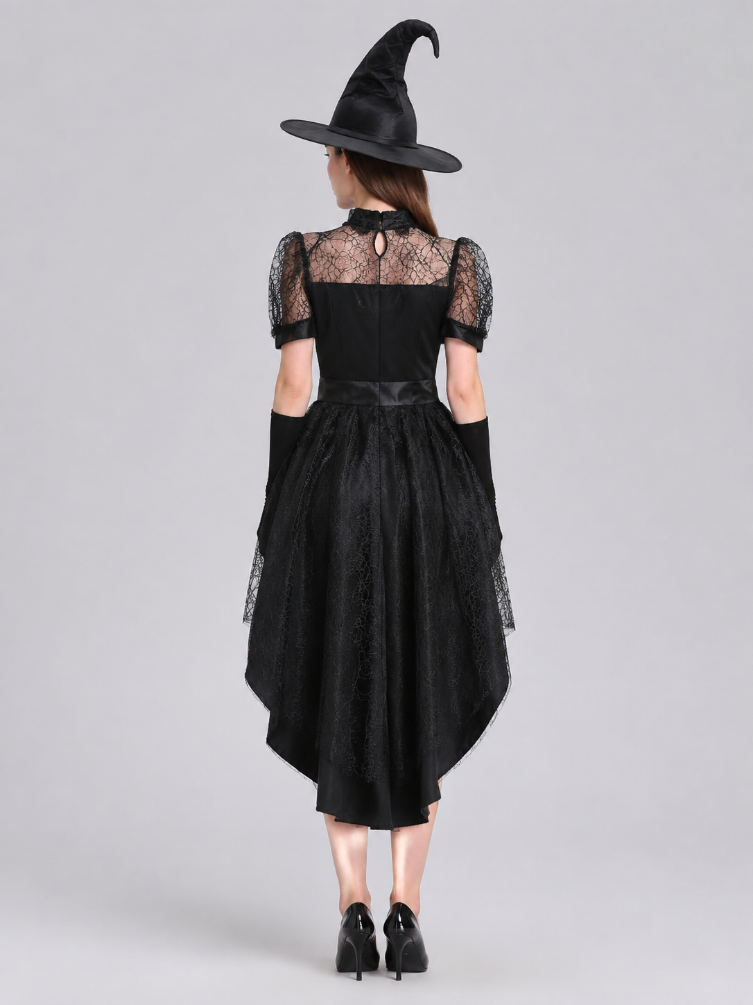 Black Witch Costume: Dress, Hat, and Gloves back view