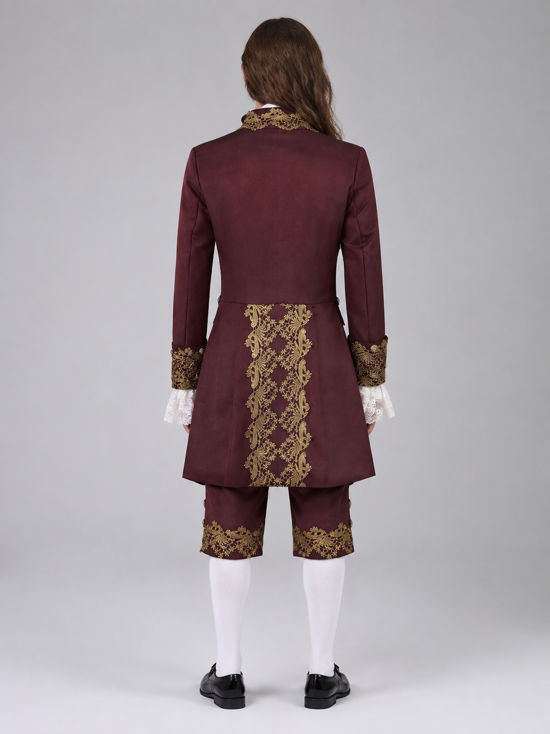 Burgundy Cosplay Costume with Gold-Tone Floral Embroidery back view