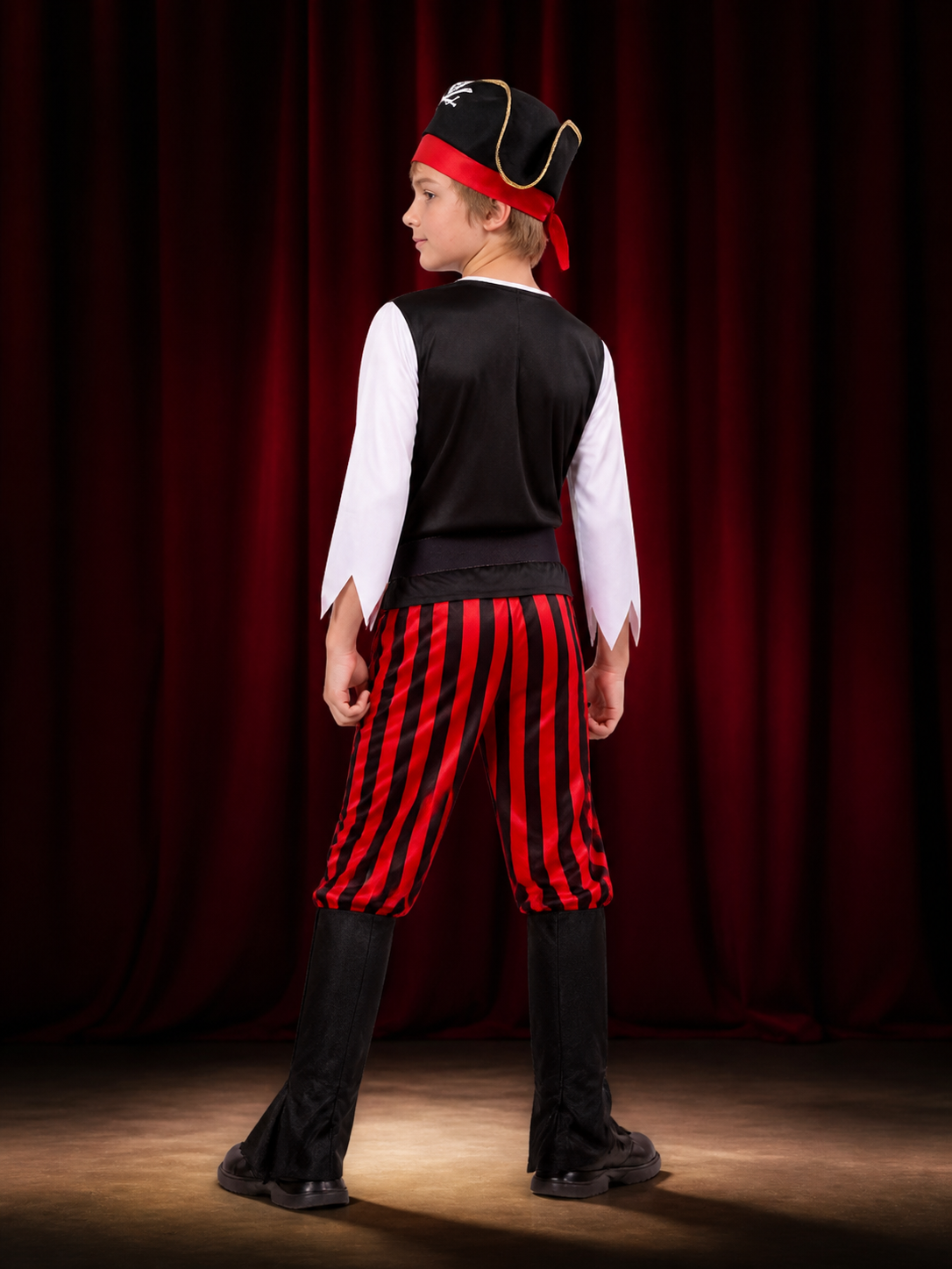 Kids Pirate Costume Set - Black & Red Striped Outfit with Skull Hat back view