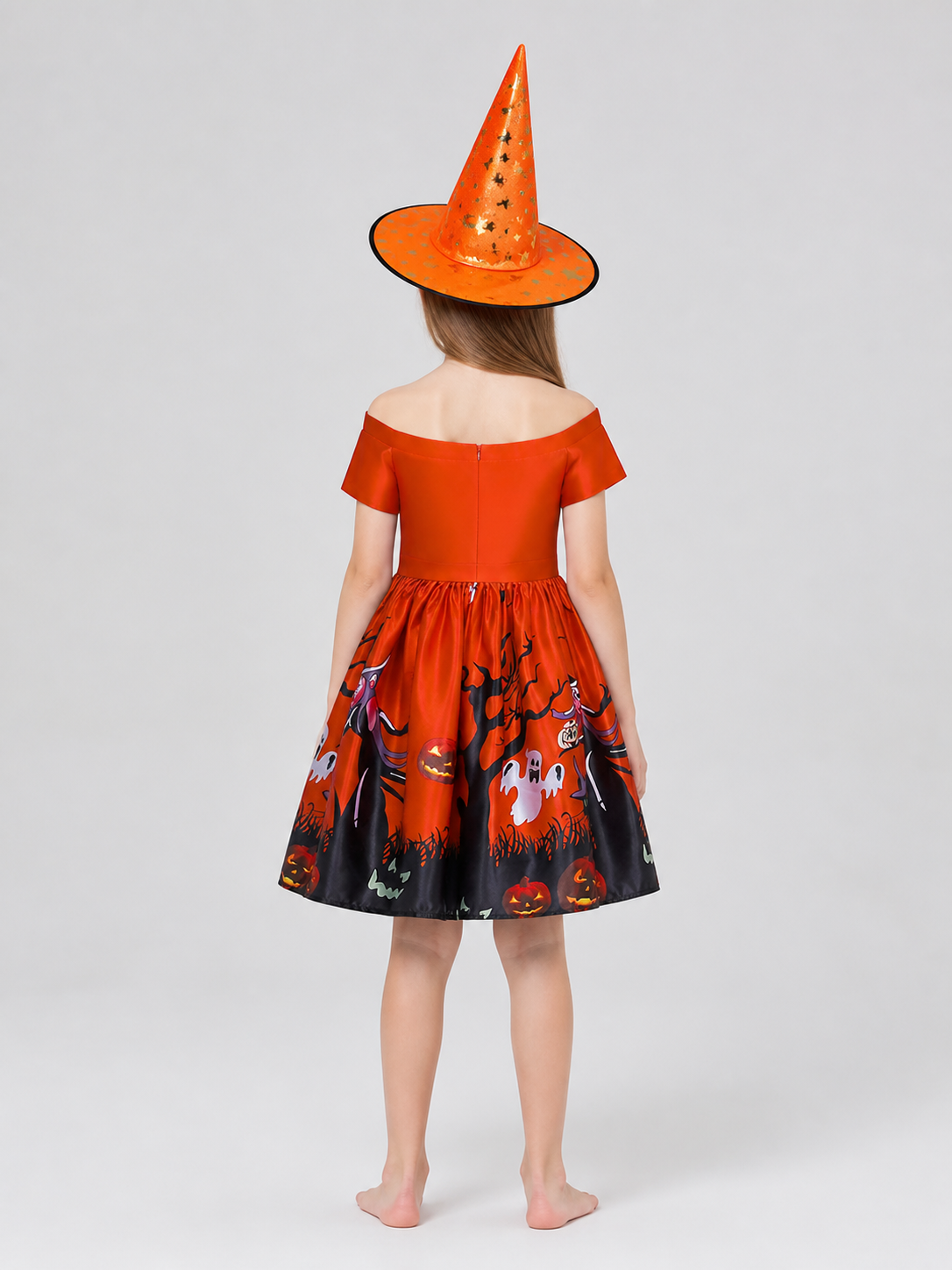 Halloween Princess Dress with Print, Full Skirt, and Hat back view