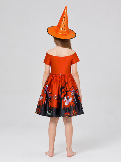 Halloween Princess Dress with Print, Full Skirt, and Hat back view