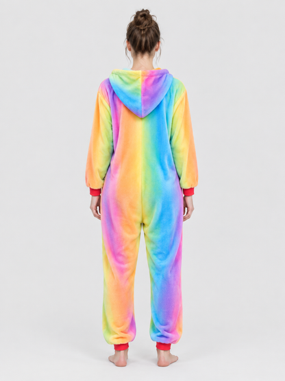 Hooded Pajama Jumpsuit with Rainbow Pattern