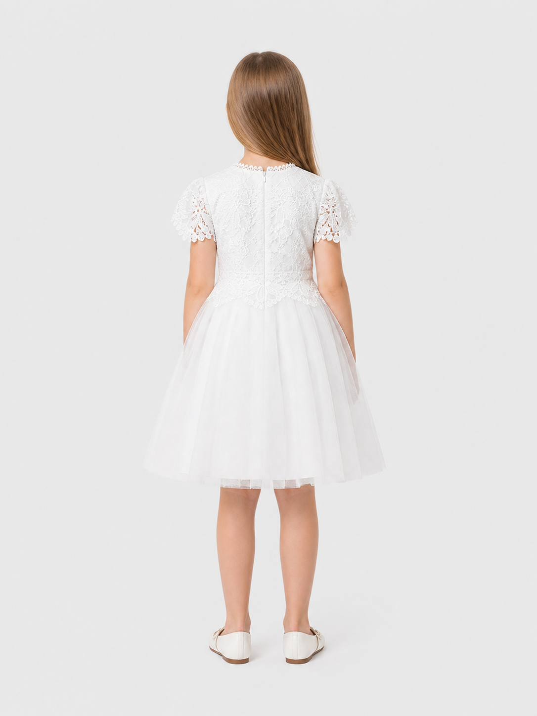 Elegant Girls' Lace Dress, White, Full Skirt back view