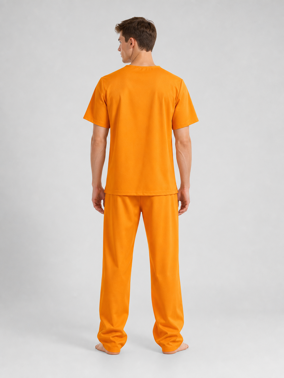 Men's Orange Prison Costume Two-Piece Set, Short-Sleeve Top With Chest Pocket And Matching Long Pants For Role Play