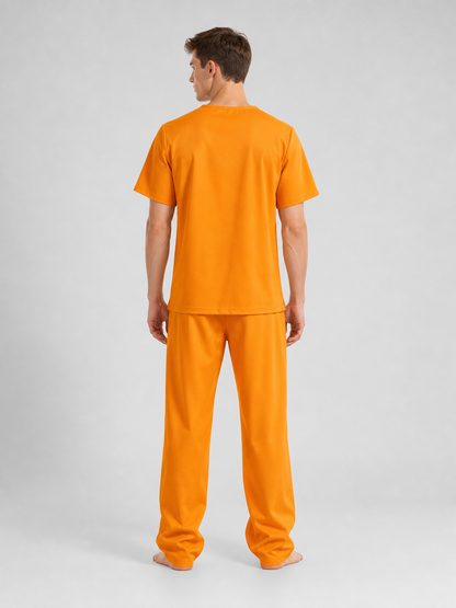 Men's Orange Prison Costume Two-Piece Set, Short-Sleeve Top With Chest Pocket And Matching Long Pants For Role Play