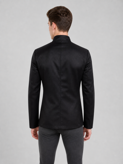 Black jacket with an asymmetrical double-breasted placket