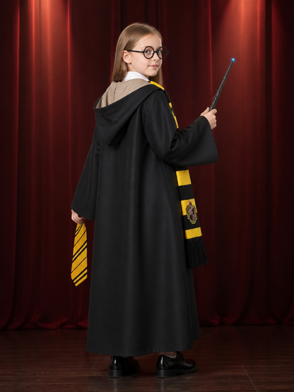 Wizard Robe Costume Set with Striped Scarf, Tie, Glasses and Wand back view