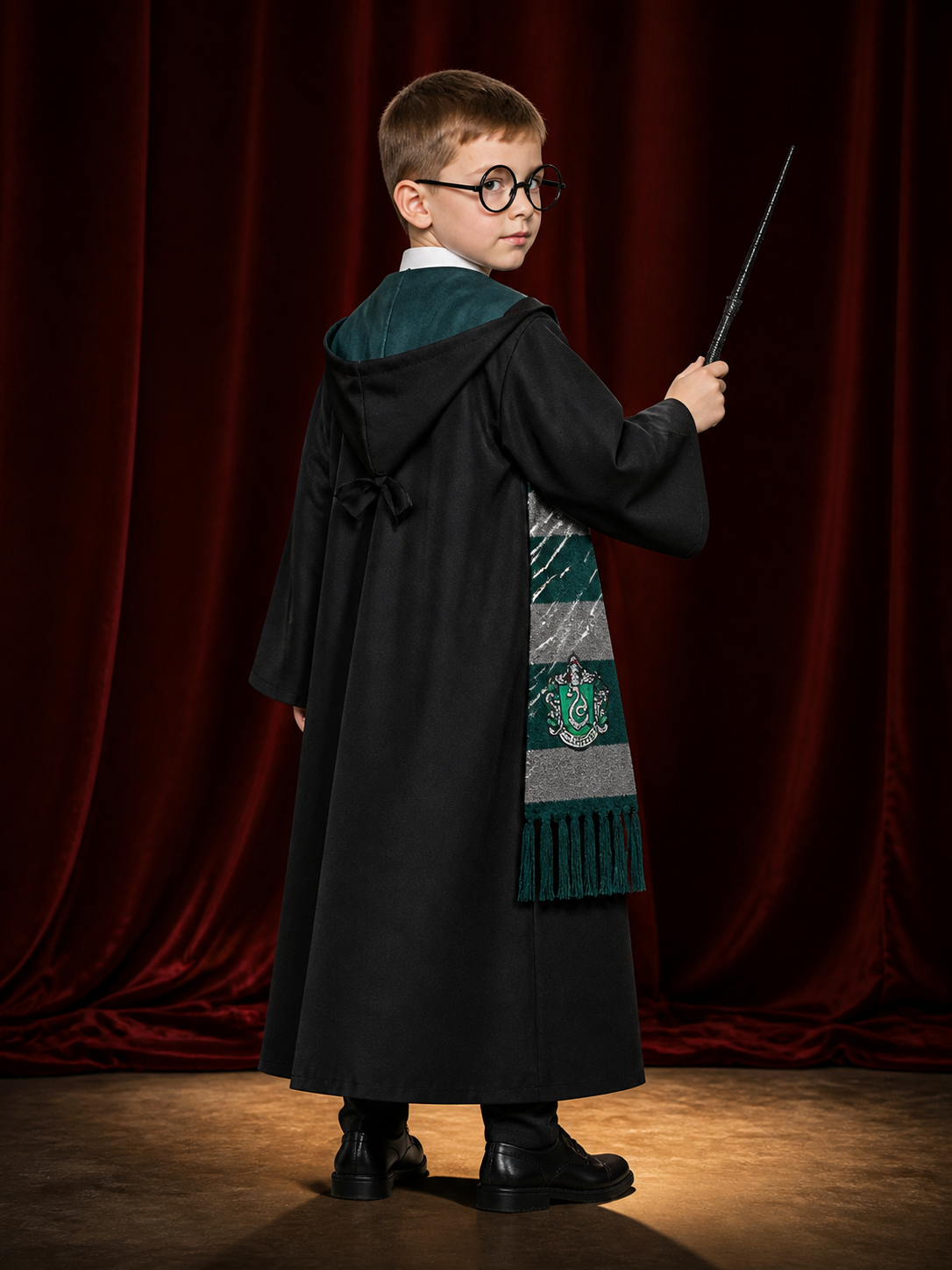 Kids Wizard Robe Costume Set, Dark Green Hooded Robe with Tie Scarf Glasses and back view