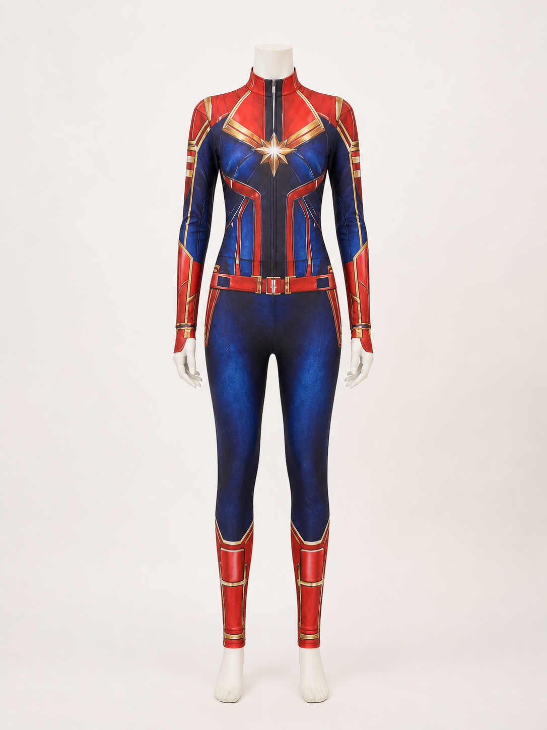 Children's Red Blue Star Superhero Jumpsuit Costume With Gold Accents back view