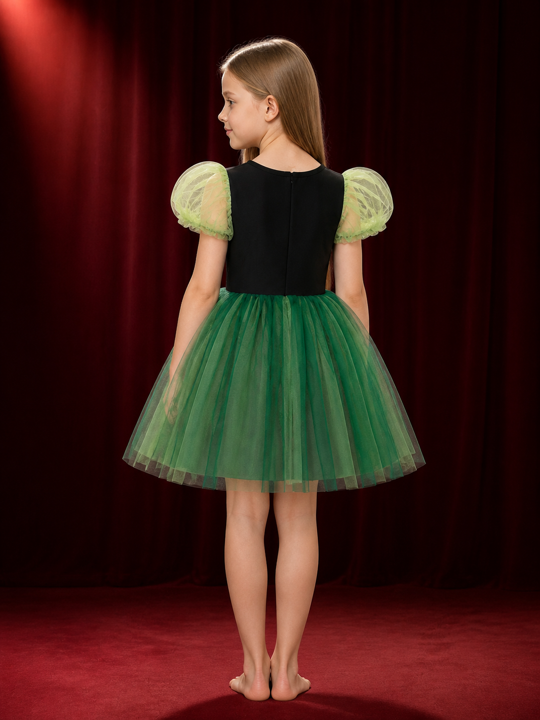 Girls' Dark Green Princess Dress, Puff Sleeves and Layered Full Skirt Costume back view