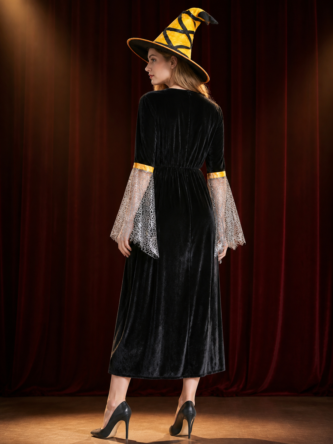 Halloween Witch Costume with Hat and Lace Sleeves