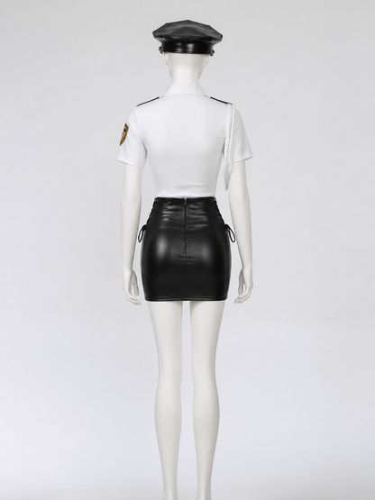 Women's Sexy Police Officer Costume Set - White Top & Black Skirt with Gold back view