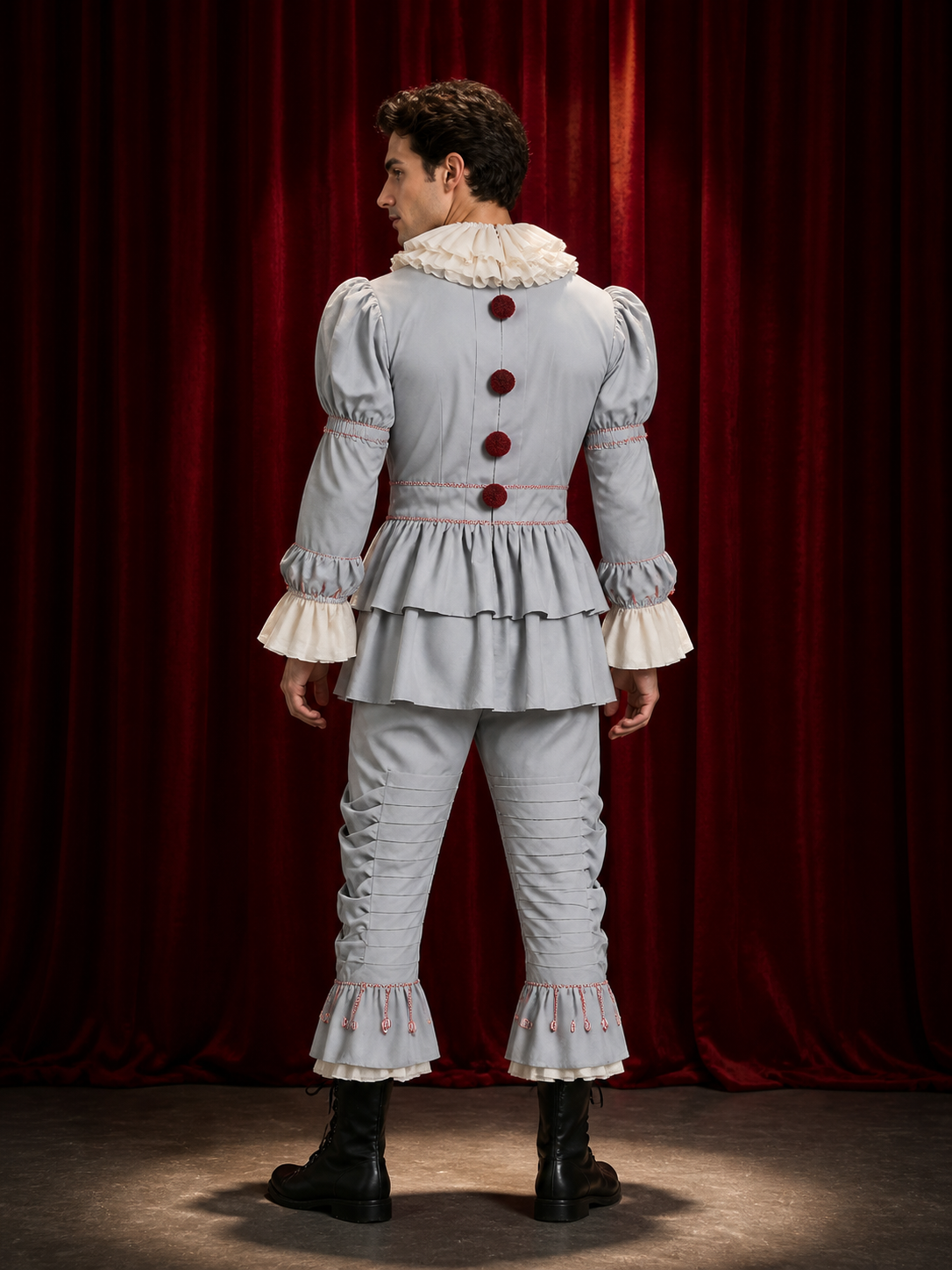 Adult Clown Jumpsuit Costume with Ruffle Trim and Red Pom Poms, Halloween back view