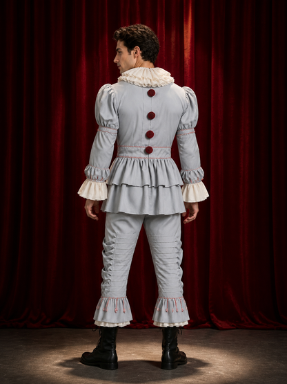 Adult Clown Jumpsuit Costume with Ruffle Trim and Red Pom Poms, Halloween back view
