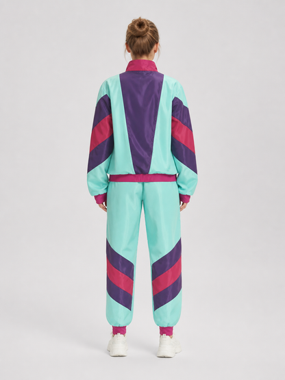 Color-Striped Jumpsuit with Zipper and Stand Collar back view