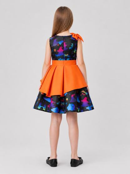 Children's Halloween Print Dress with Full Skirt back view