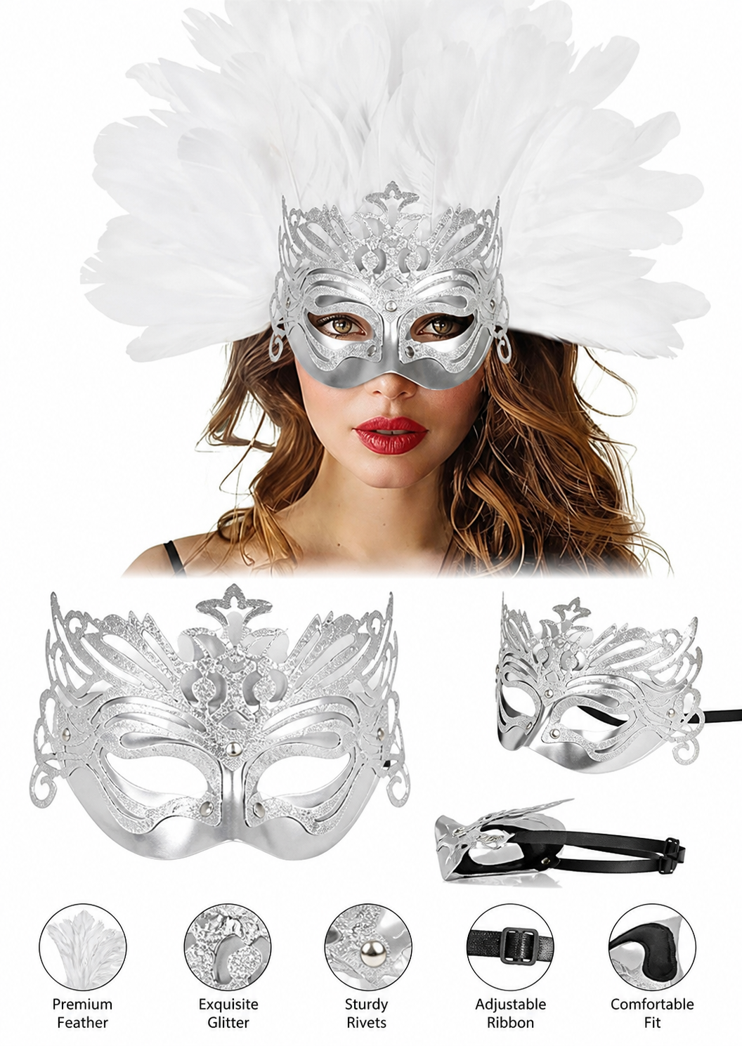1pc White Feather Mask with Silver Lace Hollow Out, Crown Headdress for Vintage back view 2
