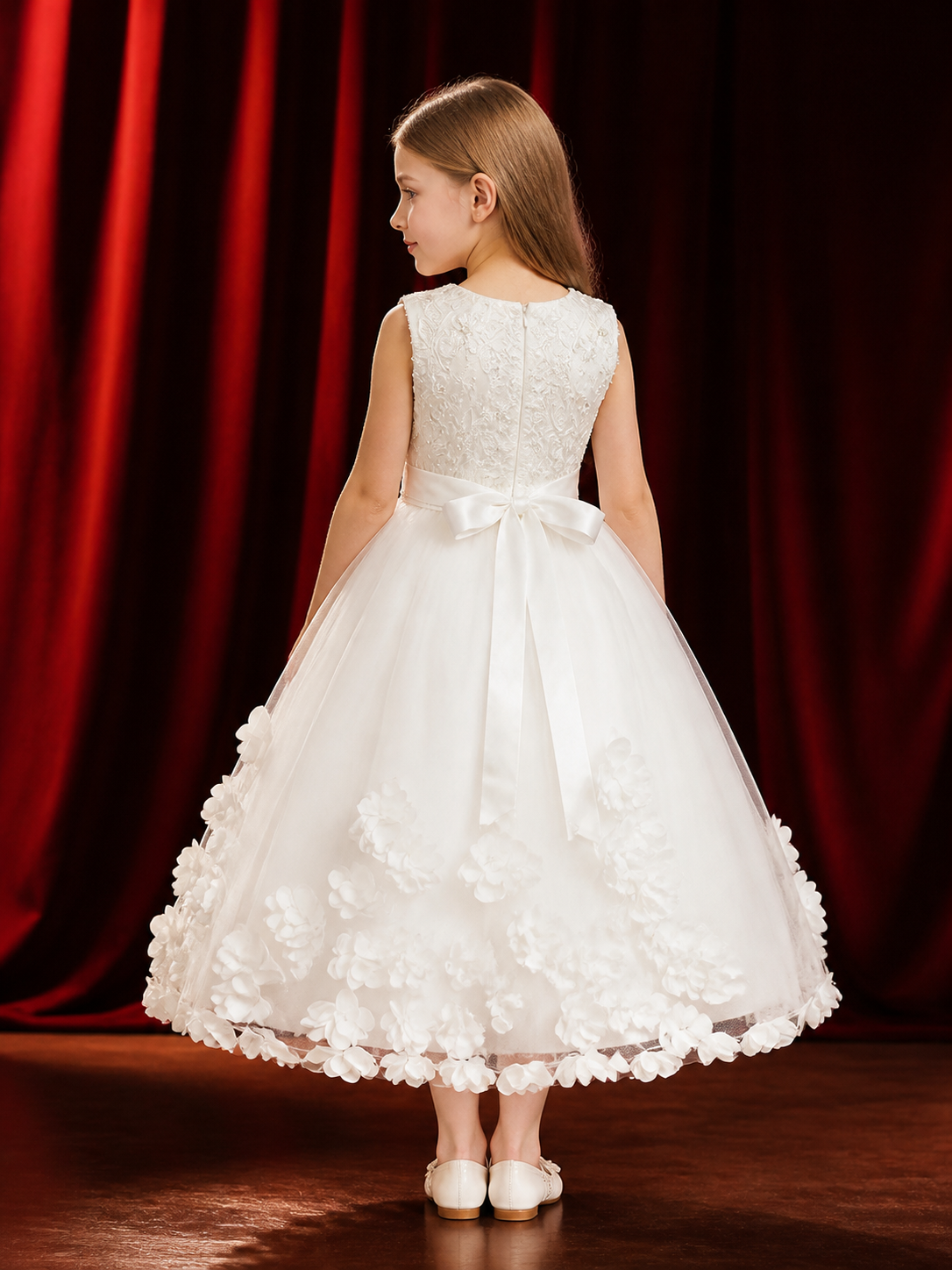 Toddler Girls' White Princess Dress with Floral Embroidery, Beaded Waist and