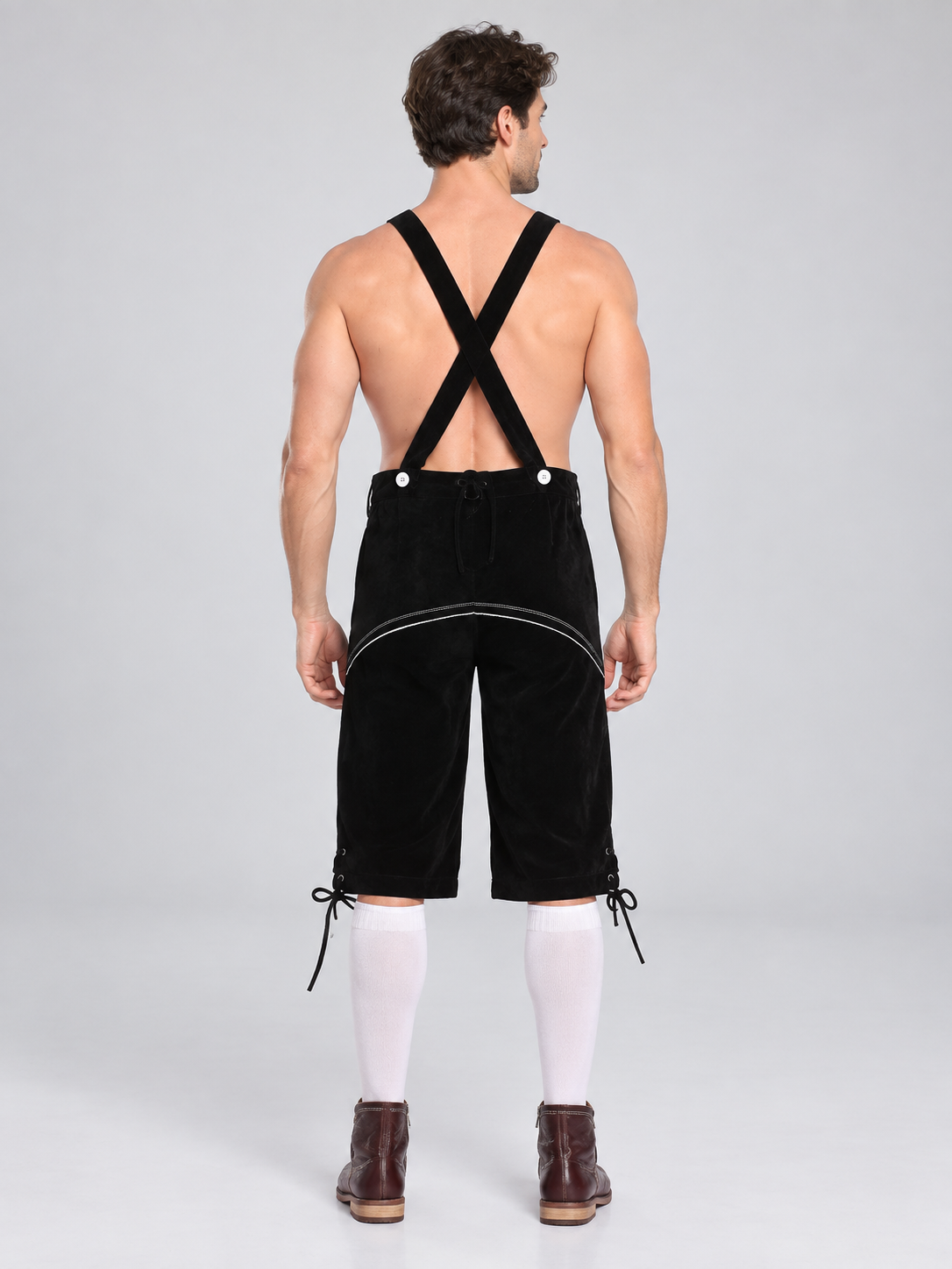 Black Knee-Length Suspender Shorts with Embroidery