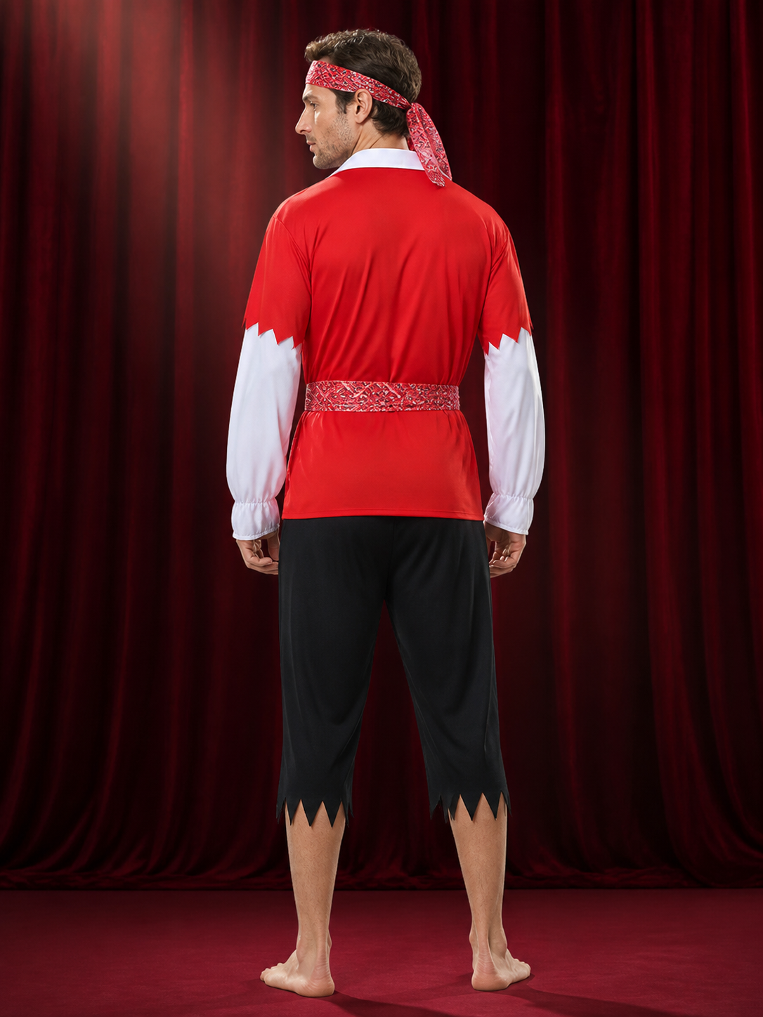 Adult Pirate Halloween Costume Set, Red Long-Sleeve Top, Cropped Pants back view