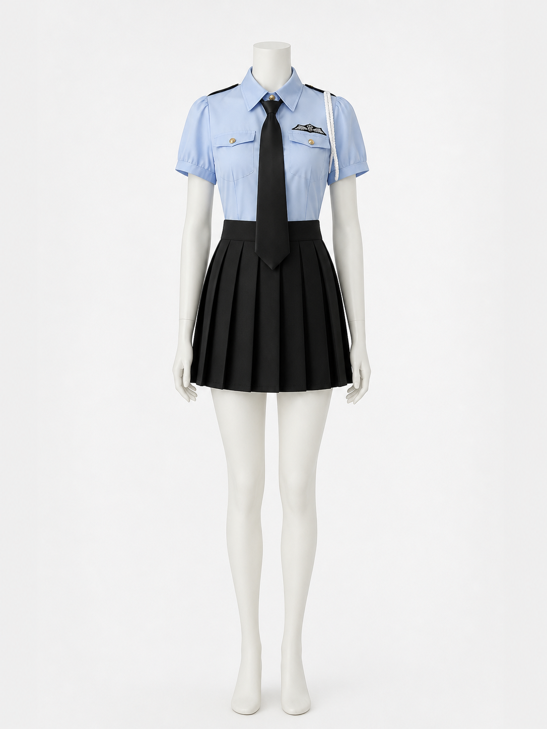 Women's Short Sleeve Light Blue Police Costume Set with Pleated Skirt and Tie back view