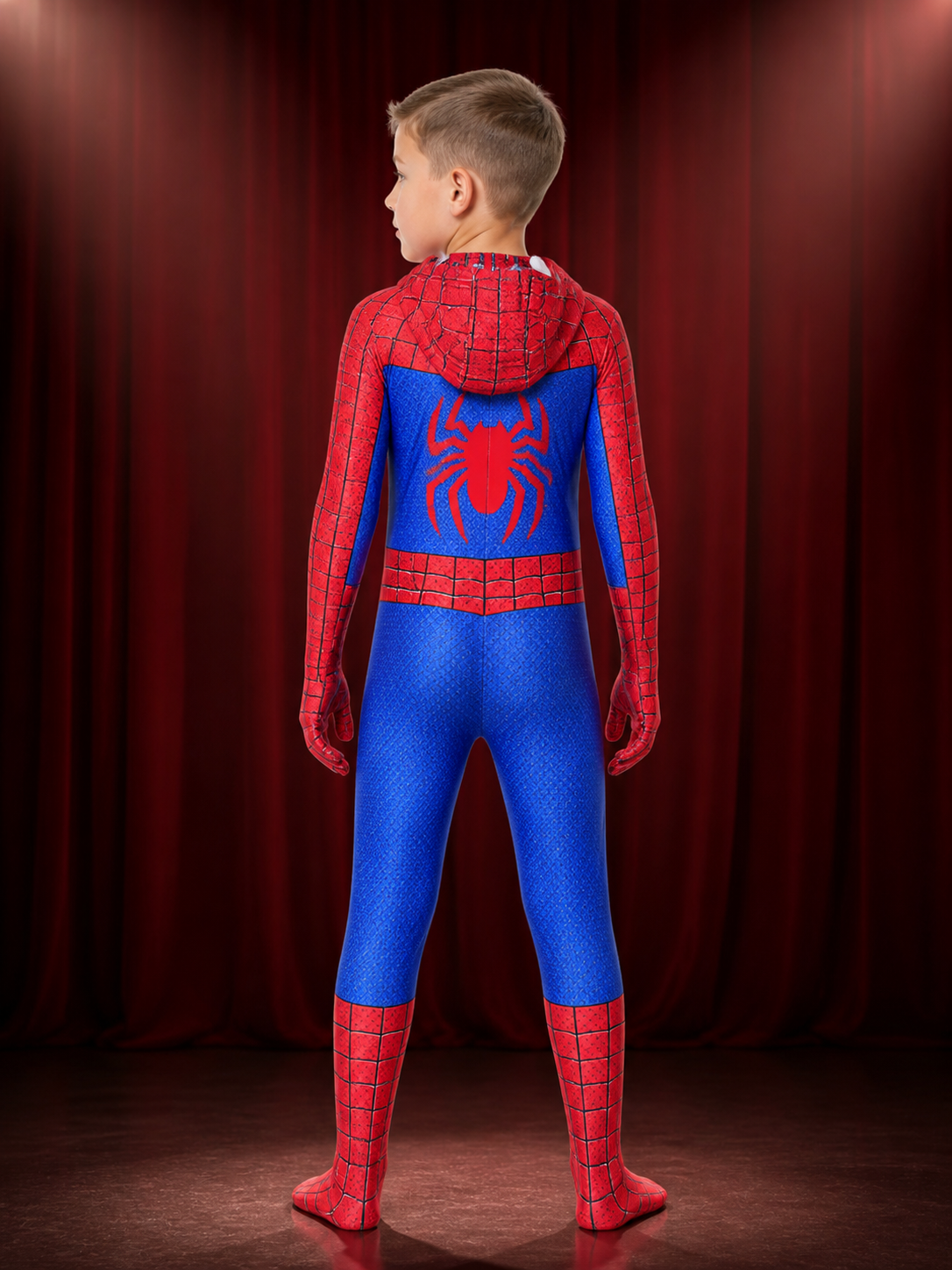 Kids Red And Blue Spider-Themed Full-Body Bodysuit Costume With Mask back view