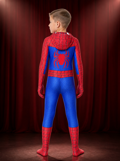 Kids Red And Blue Spider-Themed Full-Body Bodysuit Costume With Mask back view