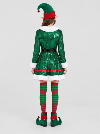 Sequin Elf Costume Dress with Hat and Accessories back view