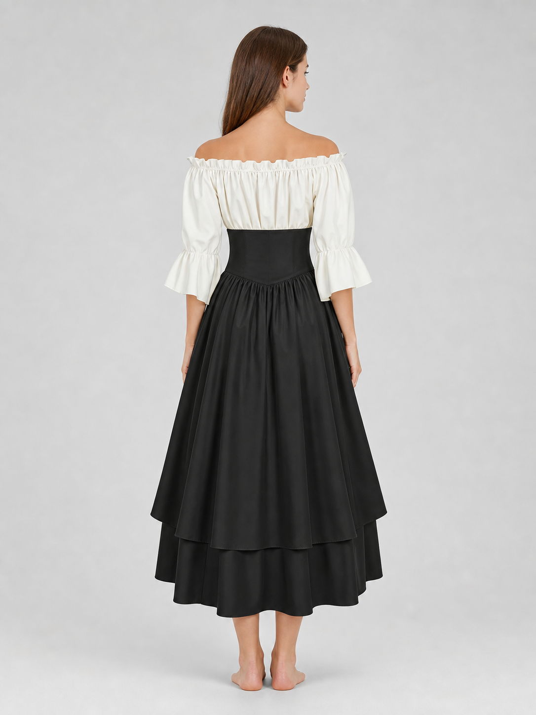 Vintage-style off-the-shoulder lace-up dress