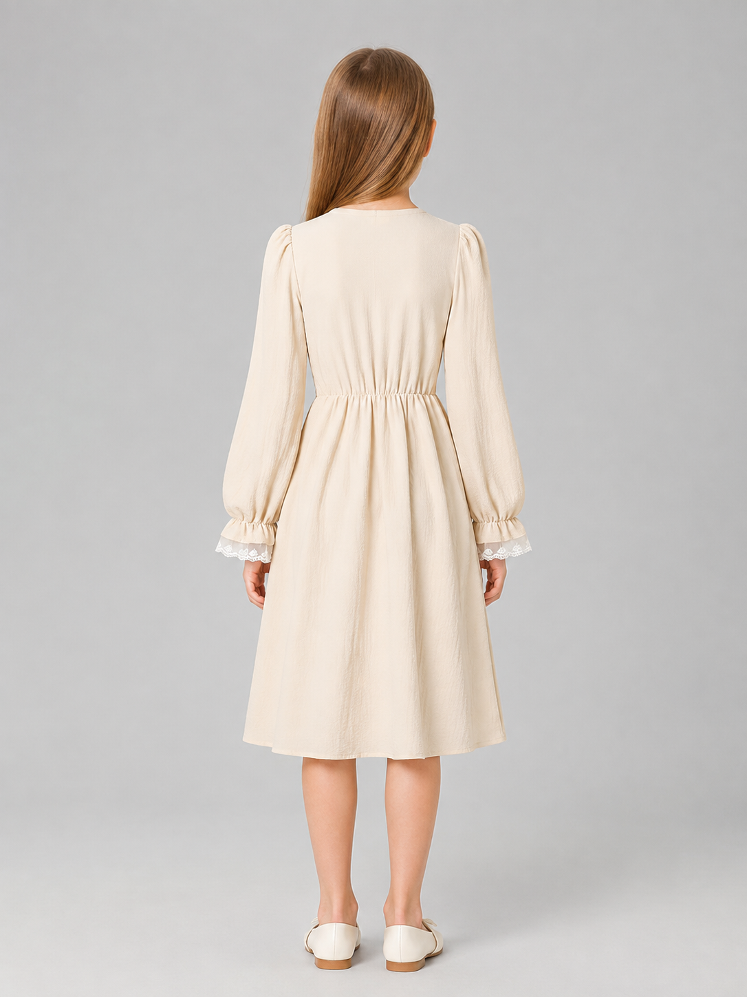 Girls’ Dress with Corset Panel and Puff Sleeves back view