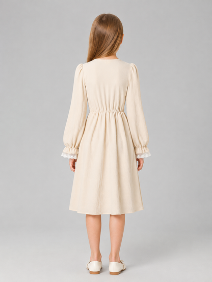 Girls’ Dress with Corset Panel and Puff Sleeves back view