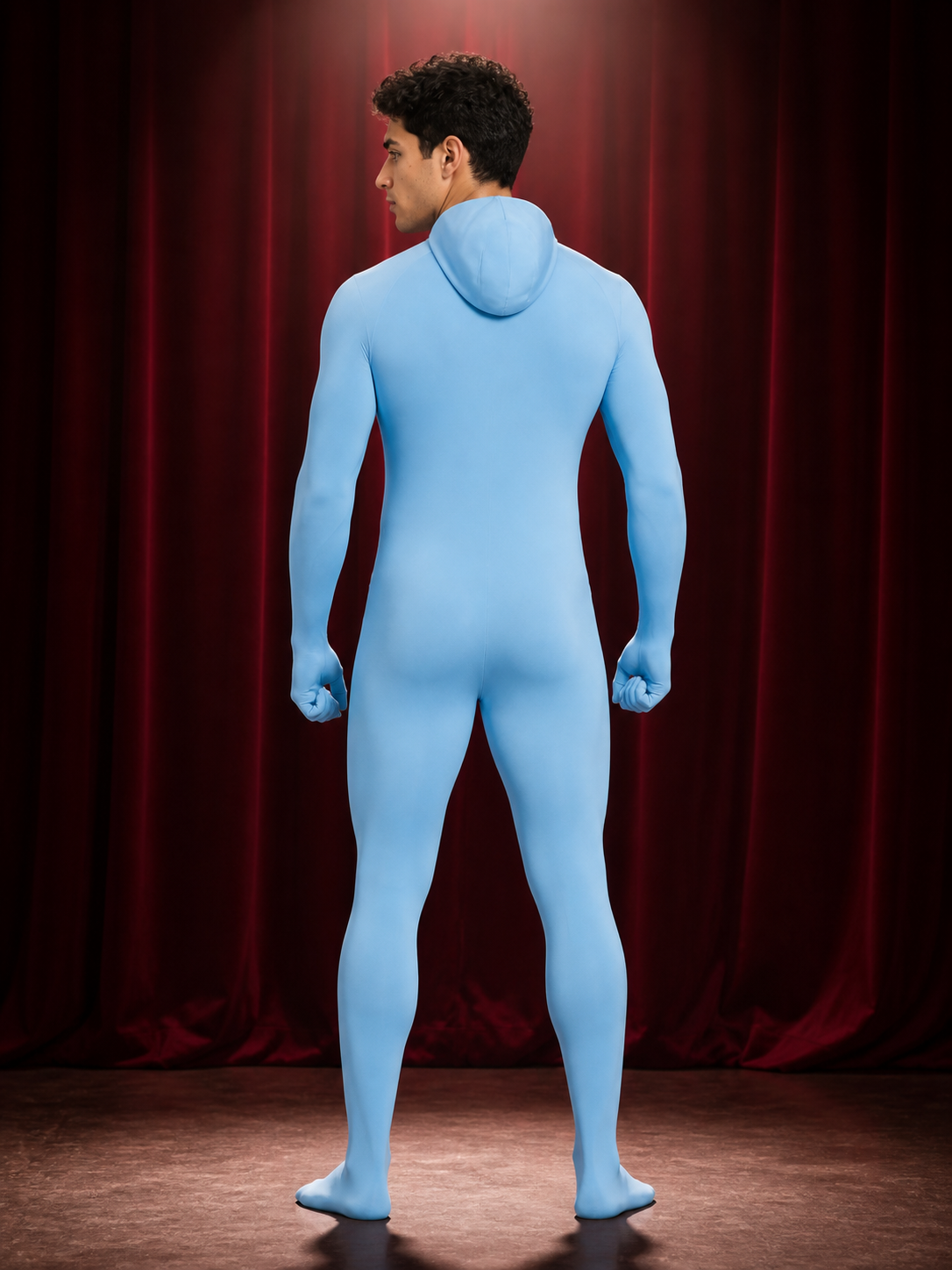 Unisex Light Blue Full Body Hooded Bodysuit Costume for Halloween back view