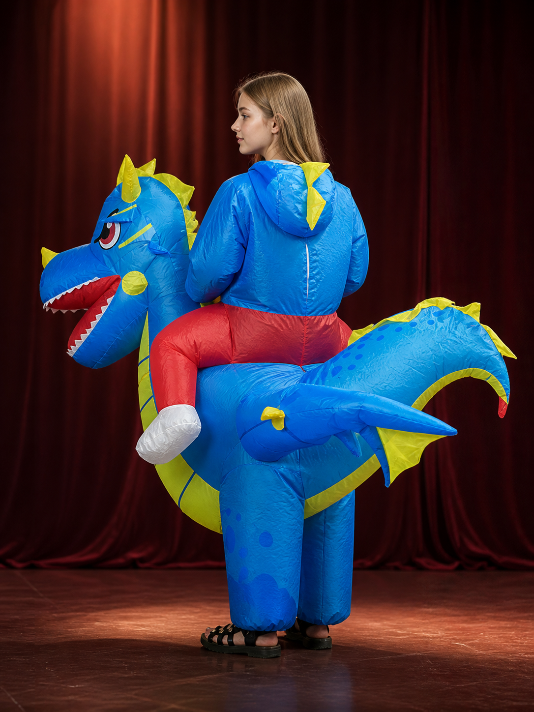 Blue Riding Dinosaur Inflatable Costume with Yellow Spikes, Halloween Funny back view