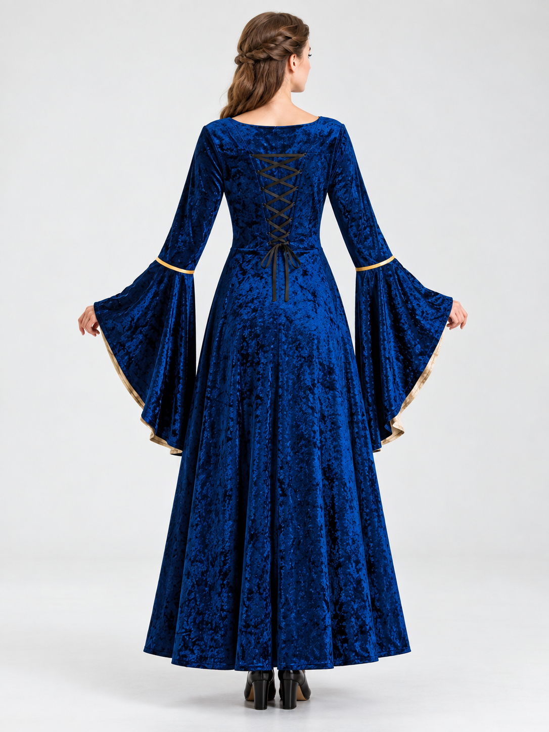 Long Blue Velvet Corset-Style Carnival Dress with Lacing