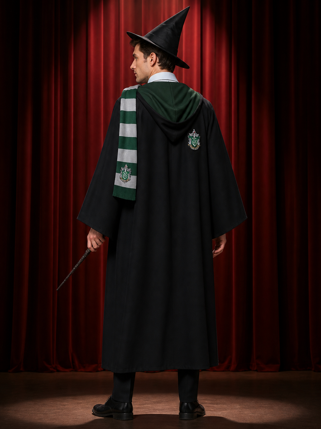 Slytherin Wizard Costume Set with Hooded Robe, Scarf, Tie, Hat, Shirt and Wand back view