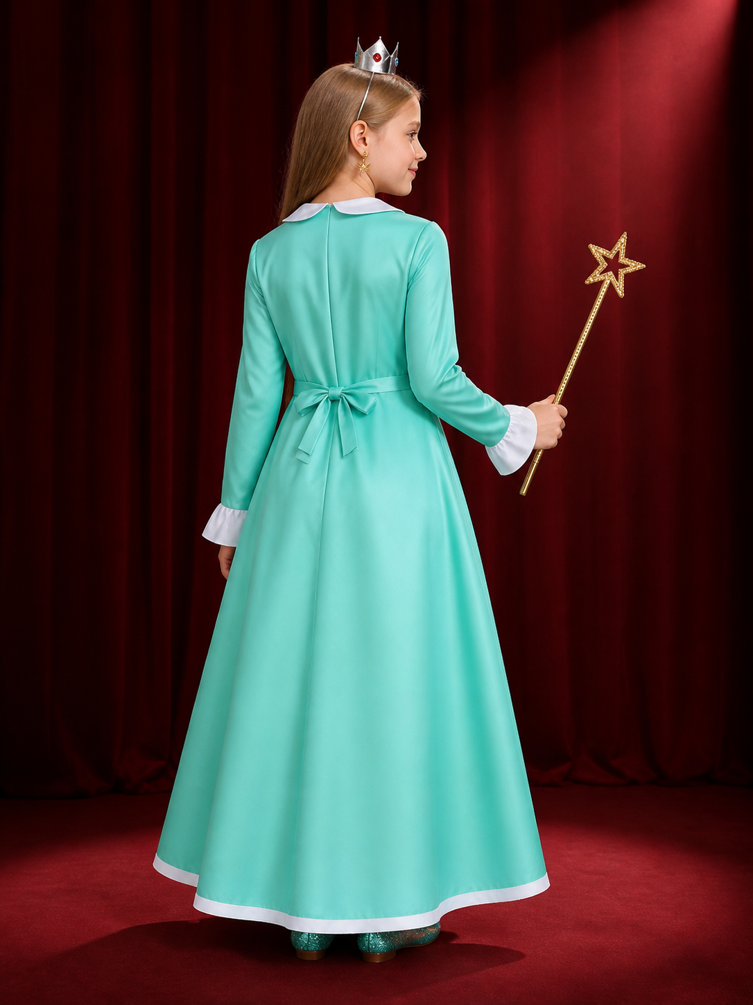 Kids' Peach Princess Costume Set - Dress with Crown, Brooch, Earrings & Magic back view