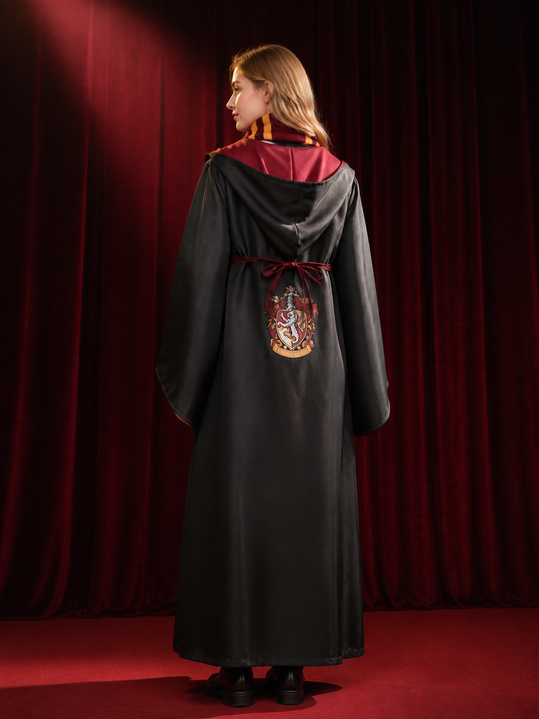 Wizard Costume Set, Long Robe Cloak With Red-Gold Striped Scarf, Halloween back view