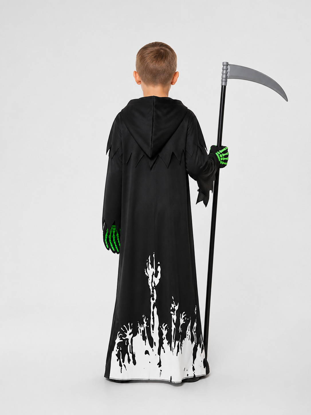 Reaper Jumpsuit Costume with Mask, Gloves, and Scythe back view