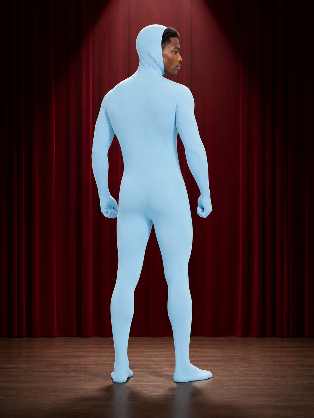 Kids Light Blue Hooded Zentai Jumpsuit Costume, Full-Body Halloween Cosplay Suit back view