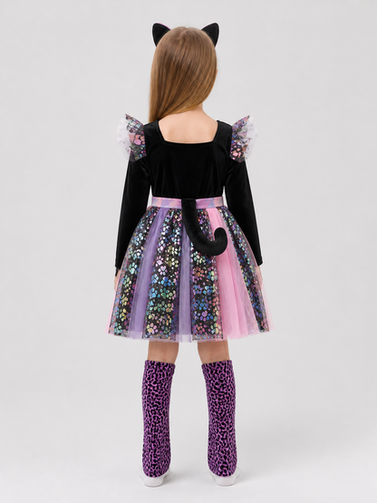 Children's Cat Carnival Dress with Ears and Tail back view