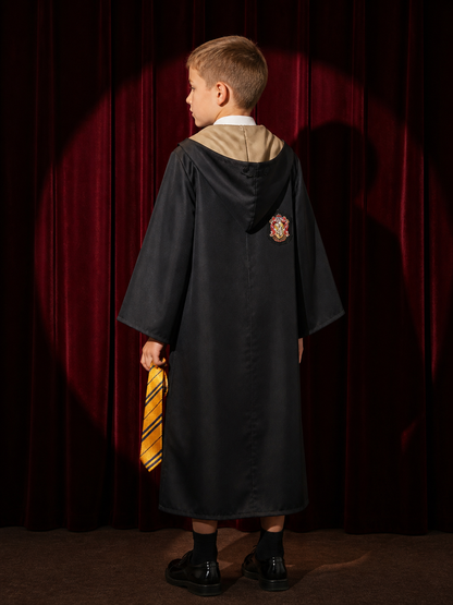 Children's Hufflepuff Wizard Robe Costume Set With Hooded Robe And Striped Tie back view