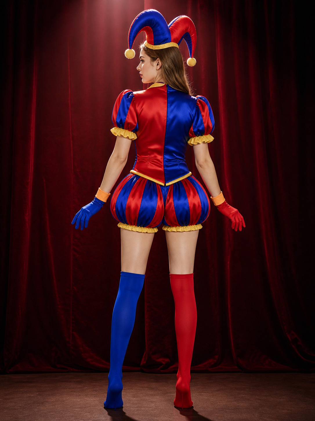 Pomni Clown Costume Set, Red Blue Jester Outfit with Hat, Collar & Gloves back view