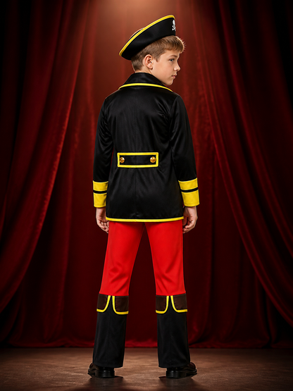 Kids Pirate Costume Set, Black and Red Jacket with Pants, Skull Print Halloween back view
