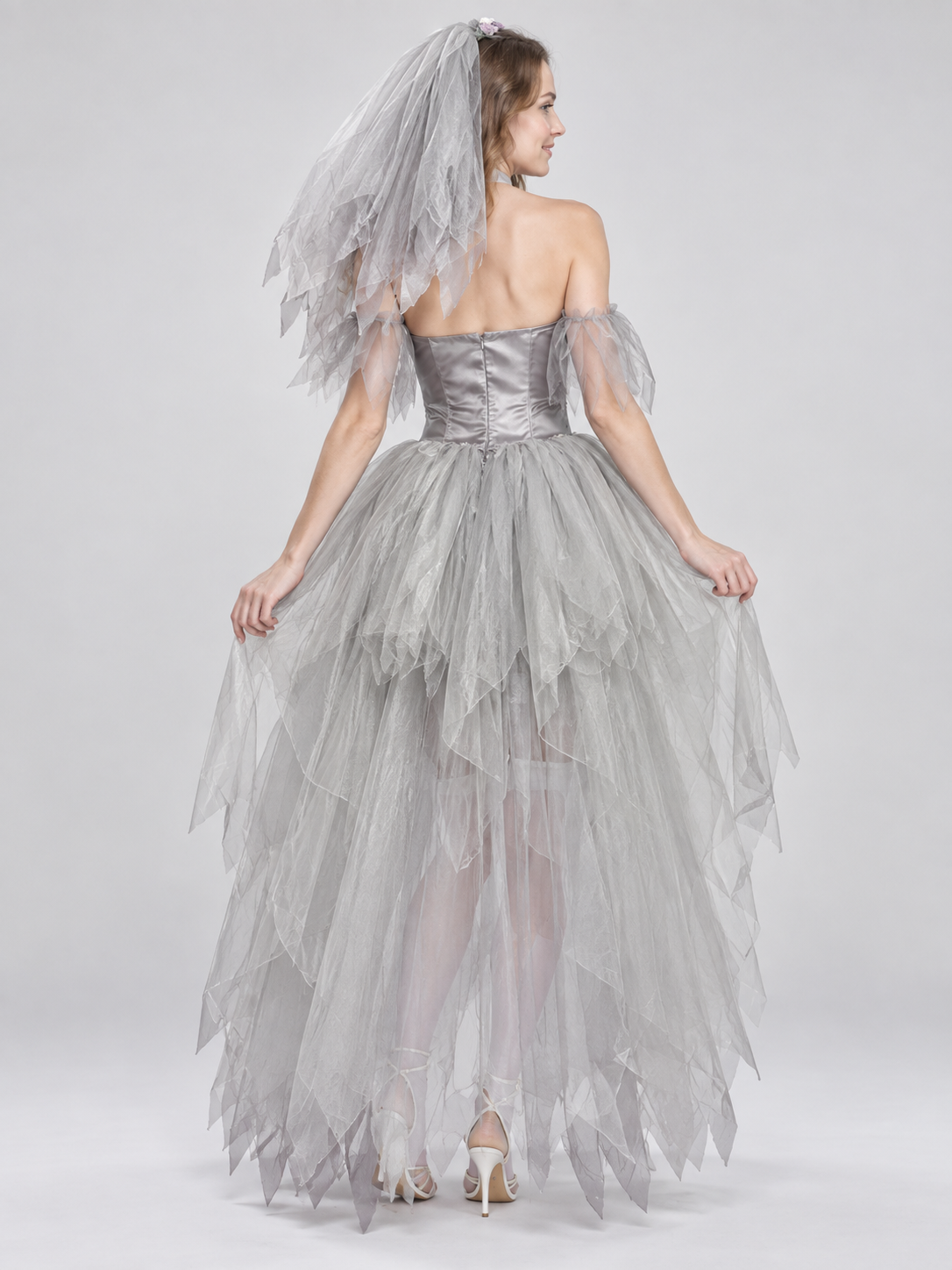 Gray Tulle Skeleton Costume with Veil